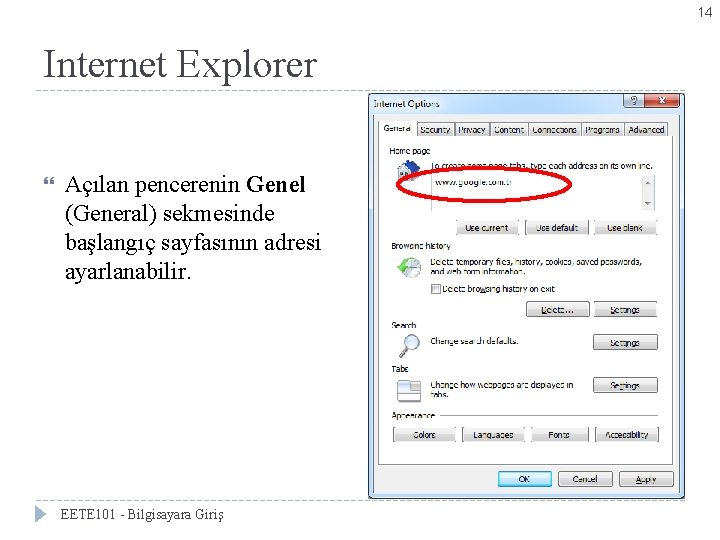 14 Internet Explorer Açılan pencerenin Genel (General) sekmesinde başlangıç sayfasının adresi ayarlanabilir. EETE 101