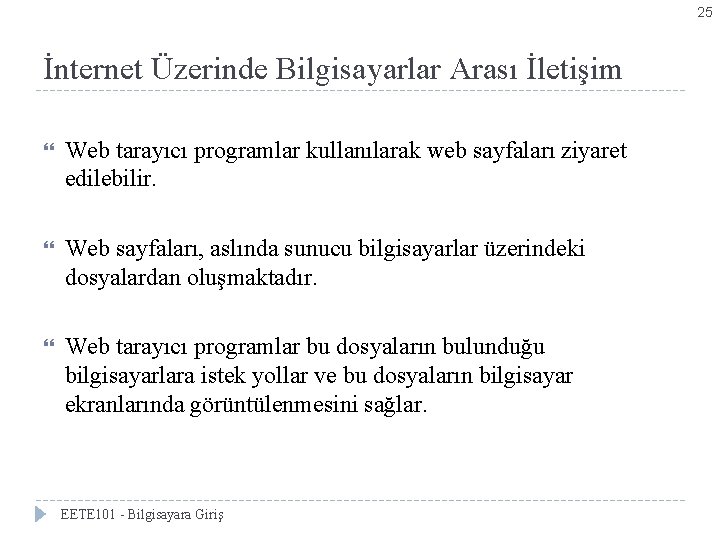 25 İnternet Üzerinde Bilgisayarlar Arası İletişim Web tarayıcı programlar kullanılarak web sayfaları ziyaret edilebilir.