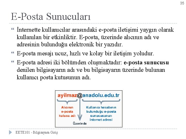 35 E-Posta Sunucuları İnternette kullanıcılar arasındaki e-posta iletişimi yaygın olarak kullanılan bir etkinliktir. E-posta,