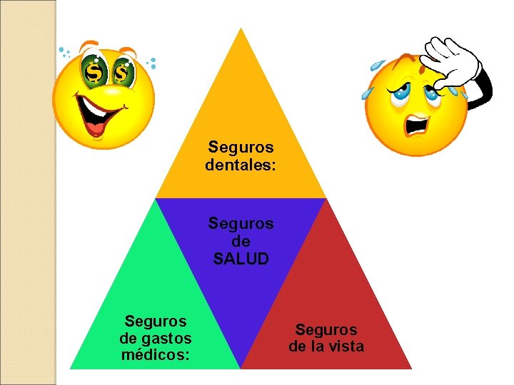 Seguros dentales: Seguros de SALUD Seguros de gastos médicos: Seguros de la vista 