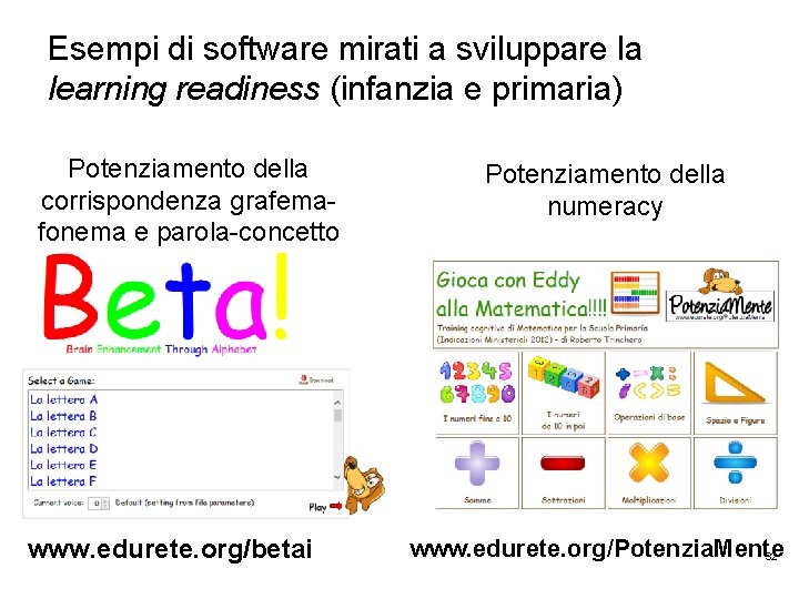 Esempi di software mirati a sviluppare la learning readiness (infanzia e primaria) Potenziamento della