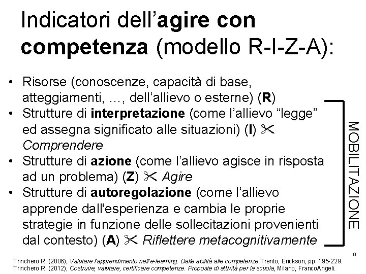 Indicatori dell’agire con competenza (modello R-I-Z-A): MOBILITAZIONE • Risorse (conoscenze, capacità di base, atteggiamenti,