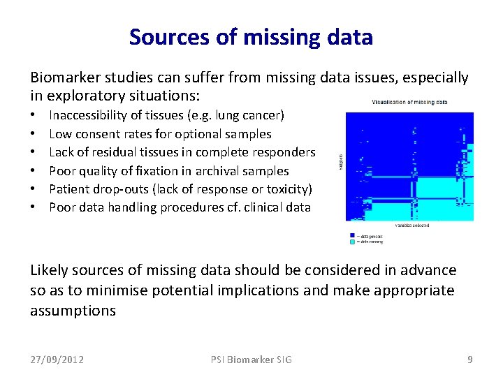Sources of missing data Biomarker studies can suffer from missing data issues, especially in