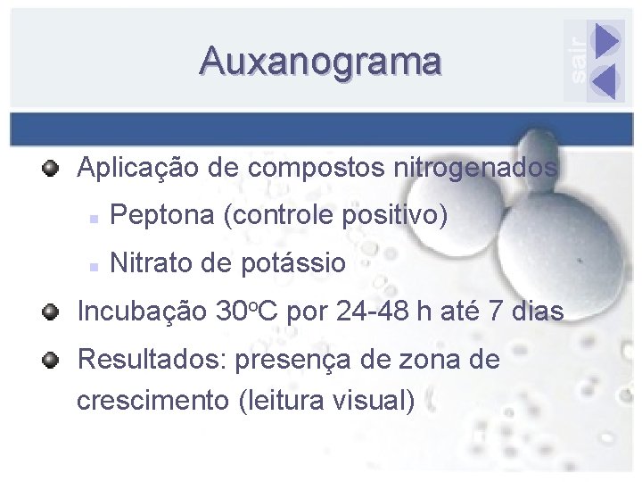 Auxanograma Aplicação de compostos nitrogenados n Peptona (controle positivo) n Nitrato de potássio Incubação