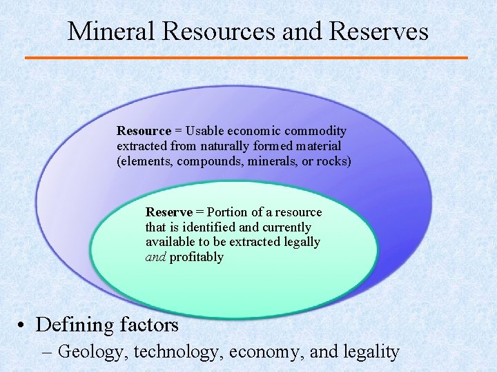 Mineral Resources and Reserves Resource = Usable economic commodity extracted from naturally formed material