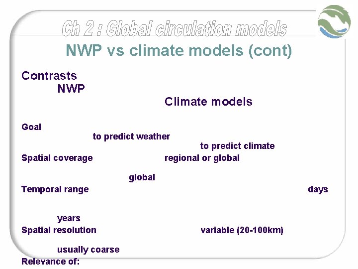 NWP vs climate models (cont) Contrasts NWP Goal Climate models to predict weather to