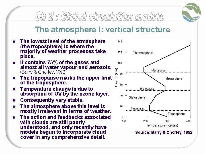 The atmosphere I: vertical structure l l The lowest level of the atmosphere (the The atmosphere I: vertical structure l l The lowest level of the atmosphere (the