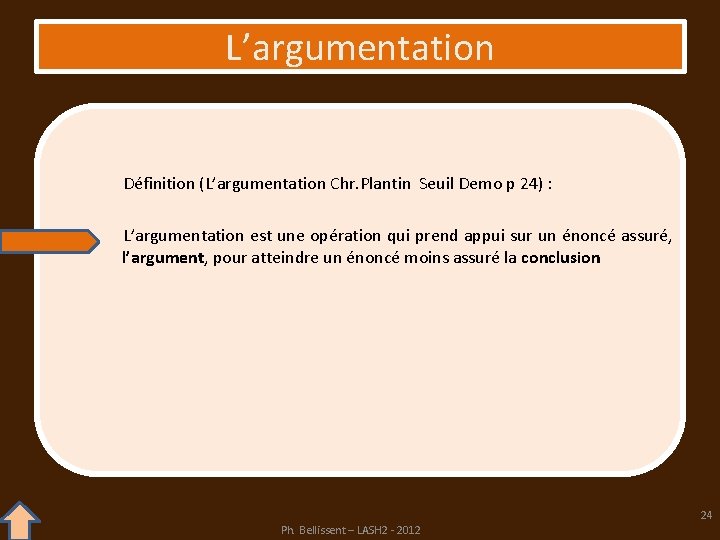 L’argumentation Définition (L’argumentation Chr. Plantin Seuil Demo p 24) : L’argumentation est une opération