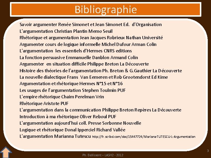 Bibliographie Savoir argumenter Renée Simonet et Jean Simonet Ed. d’Organisation L’argumentation Christian Plantin Memo