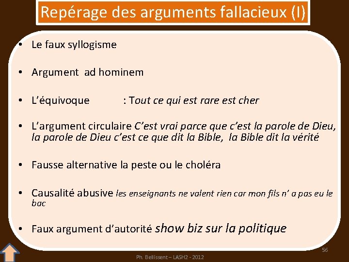 Repérage des arguments fallacieux (I) • Le faux syllogisme • Argument ad hominem •