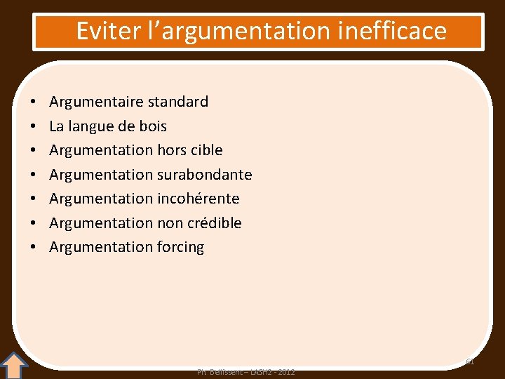  Eviter l’argumentation inefficace • • Argumentaire standard La langue de bois Argumentation hors
