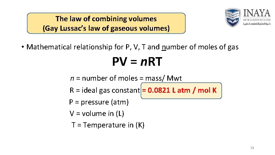 The law of combining volumes (Gay Lussac’s law of gaseous volumes) • Mathematical relationship