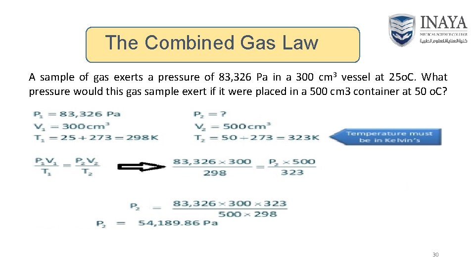 The Combined Gas Law A sample of gas exerts a pressure of 83, 326
