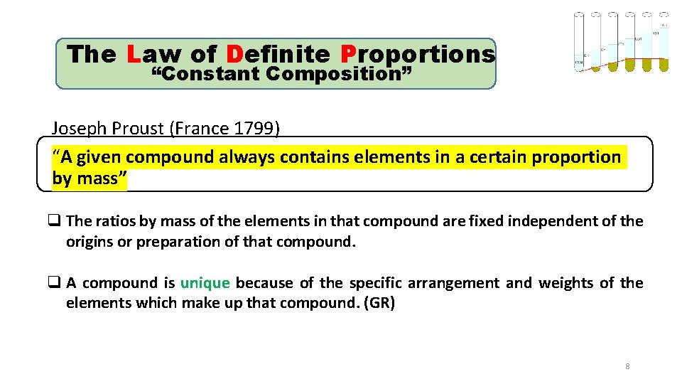 The Law of Definite Proportions “Constant Composition” Joseph Proust (France 1799) “A given compound