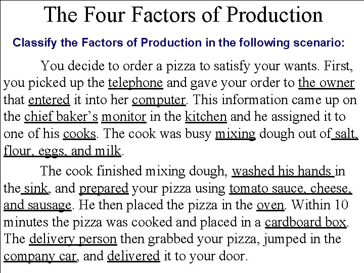 The Four Factors of Production Classify the Factors of Production in the following scenario: