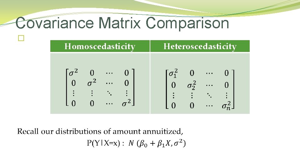 Covariance Matrix Comparison � Homoscedasticity Heteroscedasticity 