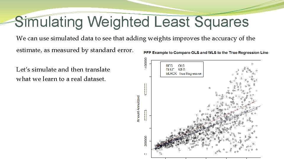 Simulating Weighted Least Squares We can use simulated data to see that adding weights