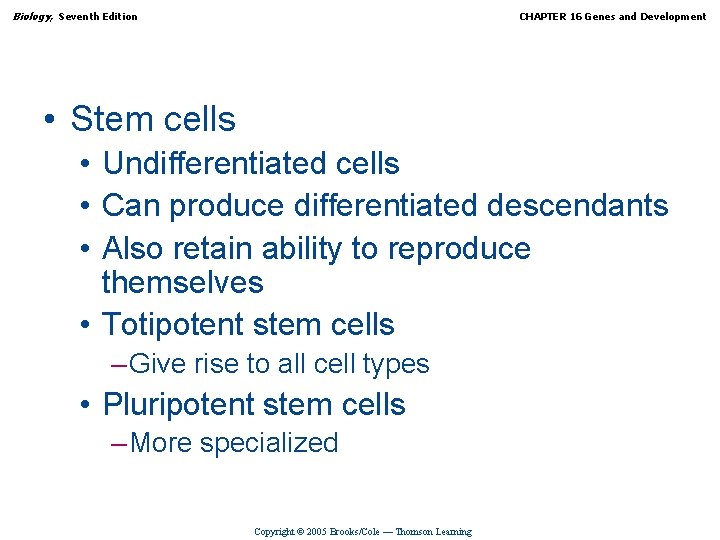 Biology, Seventh Edition CHAPTER 16 Genes and Development • Stem cells • Undifferentiated cells