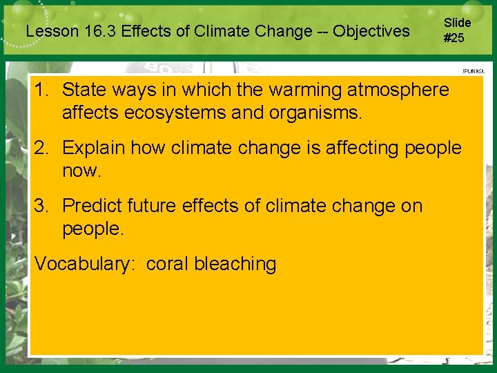 Lesson 16. 3 Effects of Climate Change -- Objectives Slide #25 1. State ways