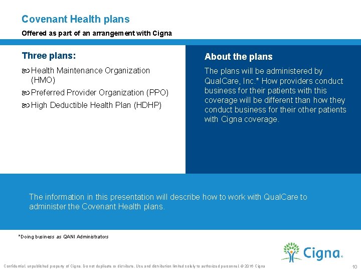 Covenant Health plans Offered as part of an arrangement with Cigna Three plans: About