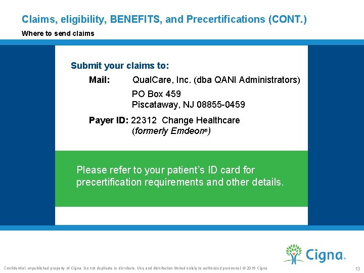 Claims, eligibility, BENEFITS, and Precertifications (CONT. ) Where to send claims Submit your claims