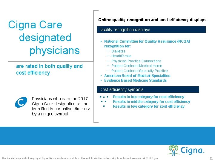 Cigna Care designated physicians are rated in both quality and cost efficiency Online quality