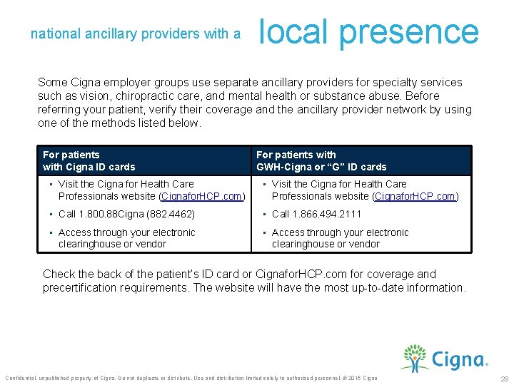 national ancillary providers with a local presence Some Cigna employer groups use separate ancillary