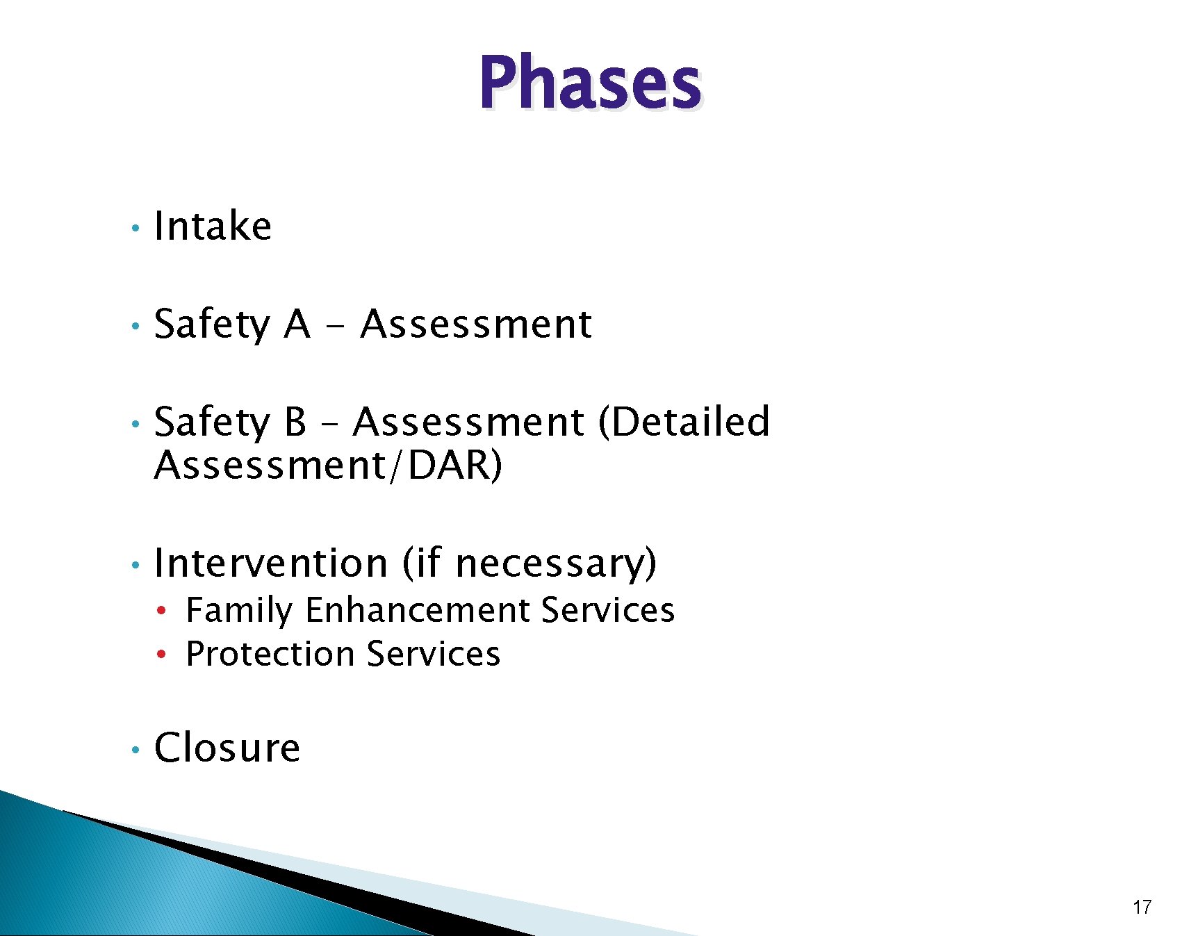 Phases • Intake • Safety A - Assessment • Safety B – Assessment (Detailed