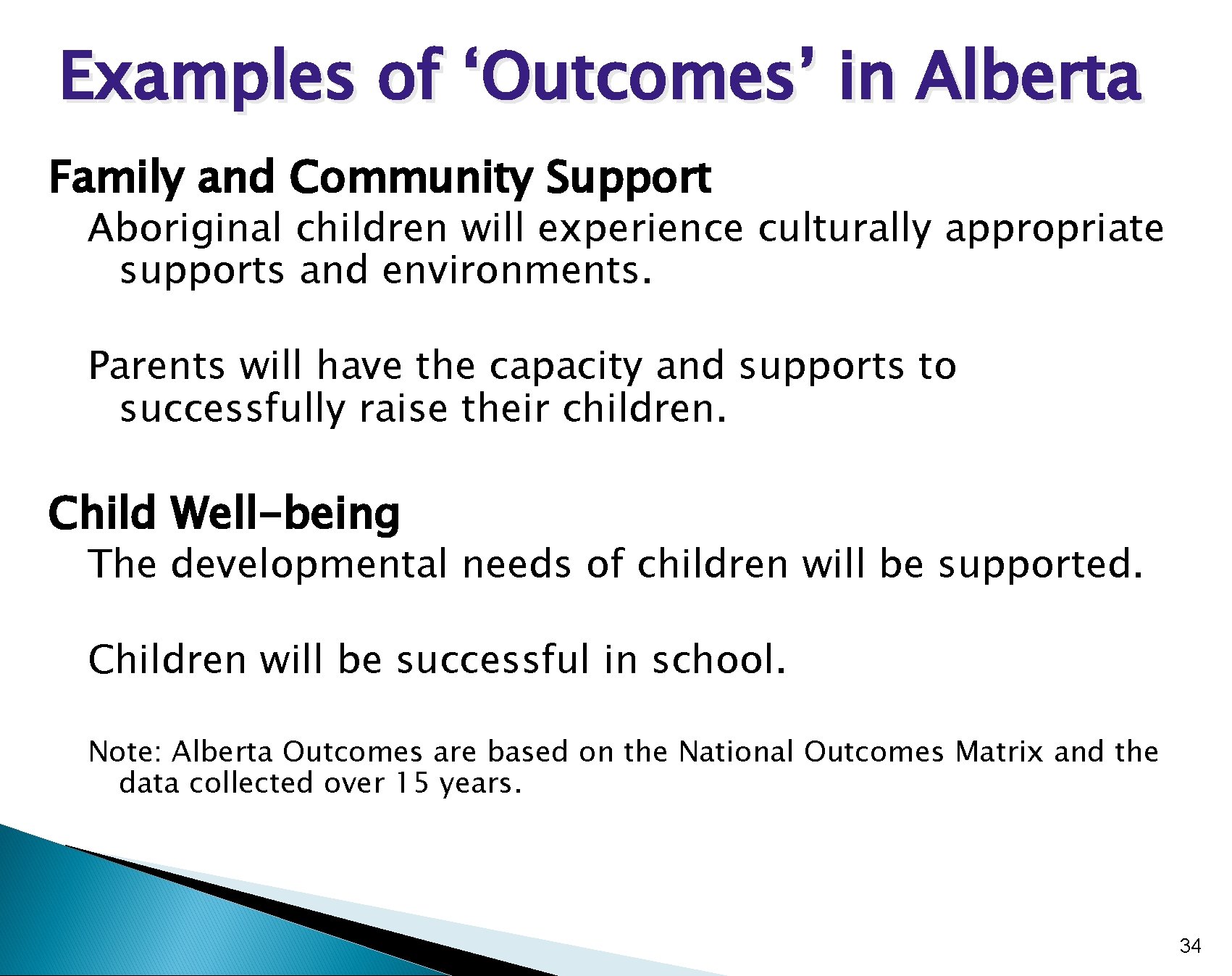 Examples of ‘Outcomes’ in Alberta Family and Community Support Aboriginal children will experience culturally