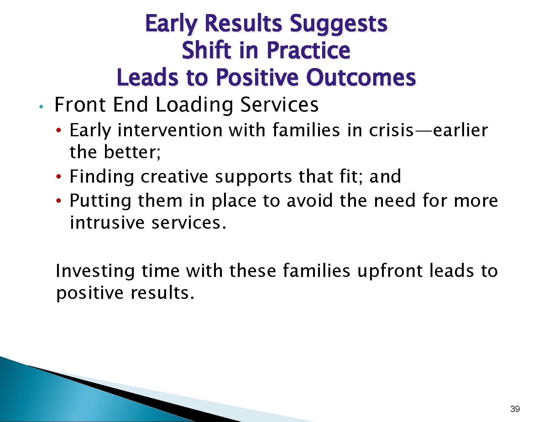 Early Results Suggests Shift in Practice Leads to Positive Outcomes • Front End Loading