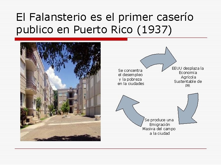 El Falansterio es el primer caserío publico en Puerto Rico (1937) Se concentra el