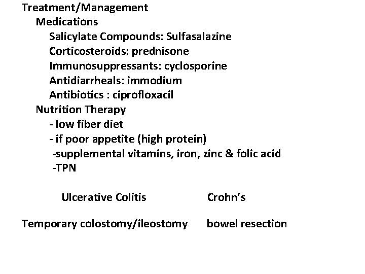 Treatment/Management Medications Salicylate Compounds: Sulfasalazine Corticosteroids: prednisone Immunosuppressants: cyclosporine Antidiarrheals: immodium Antibiotics : ciprofloxacil