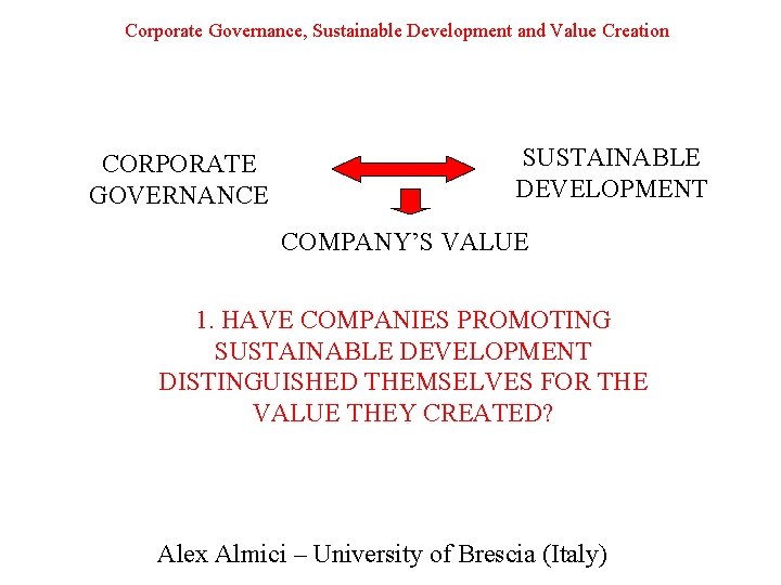 Corporate Governance, Sustainable Development and Value Creation CORPORATE GOVERNANCE SUSTAINABLE DEVELOPMENT COMPANY’S VALUE 1.