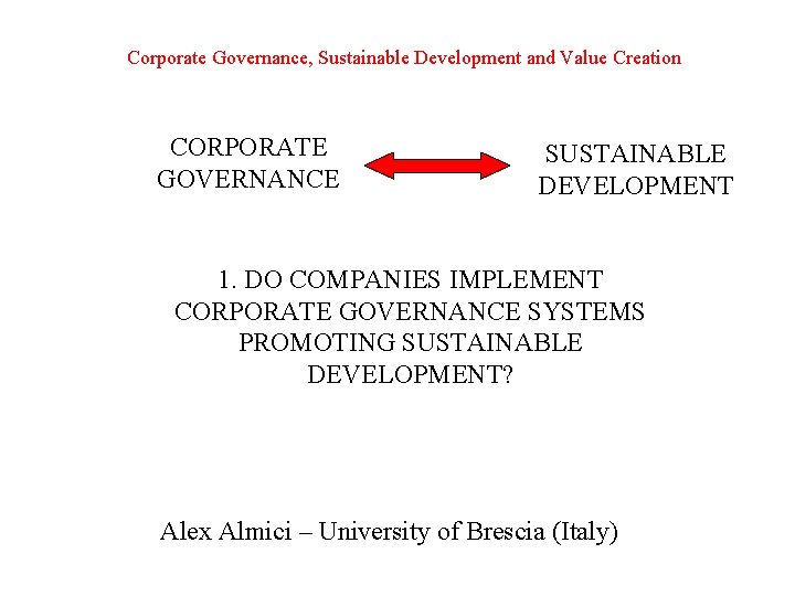 Corporate Governance, Sustainable Development and Value Creation CORPORATE GOVERNANCE SUSTAINABLE DEVELOPMENT 1. DO COMPANIES