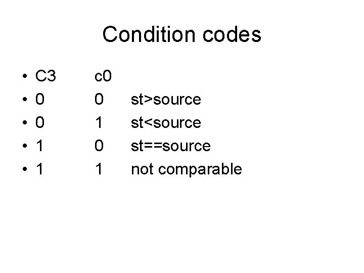 Condition codes • • • C 3 0 0 1 1 c 0 0