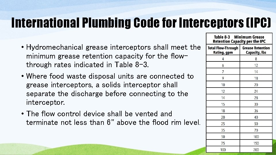 International Plumbing Code for Interceptors (IPC) • Hydromechanical grease interceptors shall meet the minimum International Plumbing Code for Interceptors (IPC) • Hydromechanical grease interceptors shall meet the minimum