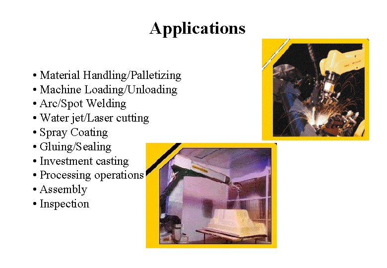 Applications • Material Handling/Palletizing • Machine Loading/Unloading • Arc/Spot Welding • Water jet/Laser cutting Applications • Material Handling/Palletizing • Machine Loading/Unloading • Arc/Spot Welding • Water jet/Laser cutting