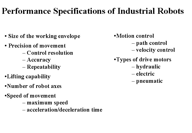 Performance Specifications of Industrial Robots • Size of the working envelope • Precision of Performance Specifications of Industrial Robots • Size of the working envelope • Precision of