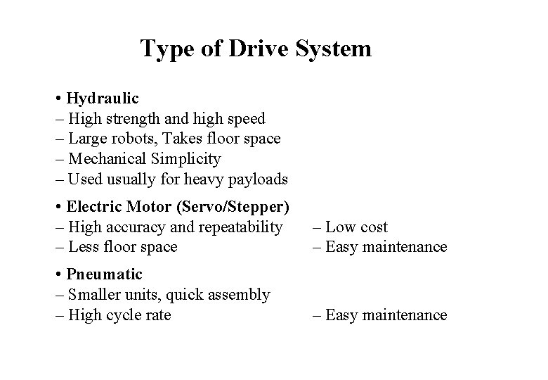 Type of Drive System • Hydraulic – High strength and high speed – Large Type of Drive System • Hydraulic – High strength and high speed – Large