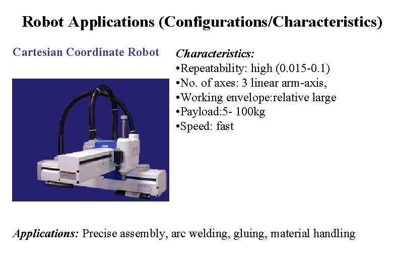 Robot Applications (Configurations/Characteristics) Cartesian Coordinate Robot Characteristics: • Repeatability: high (0. 015 -0. 1)