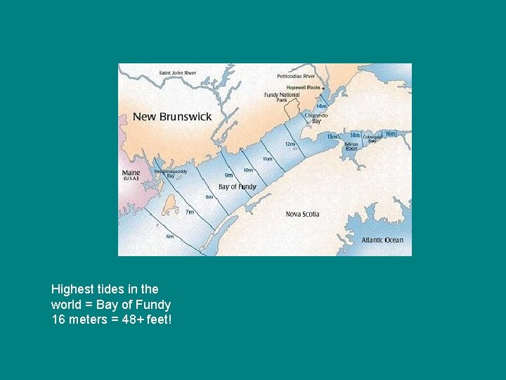 Highest tides in the world = Bay of Fundy 16 meters = 48+ feet!