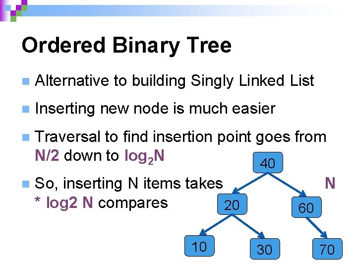 Ordered Binary Tree n Alternative to building Singly Linked List n Inserting new node