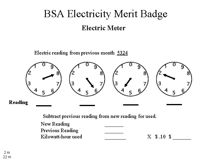 BSA Electricity Merit Badge Electric Meter Electric reading from previous month 5324 Reading Subtract