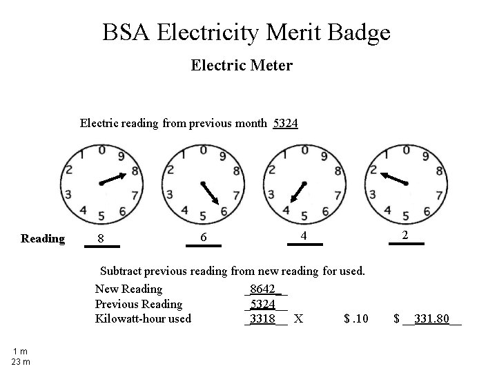 BSA Electricity Merit Badge Electric Meter Electric reading from previous month 5324 Reading 8