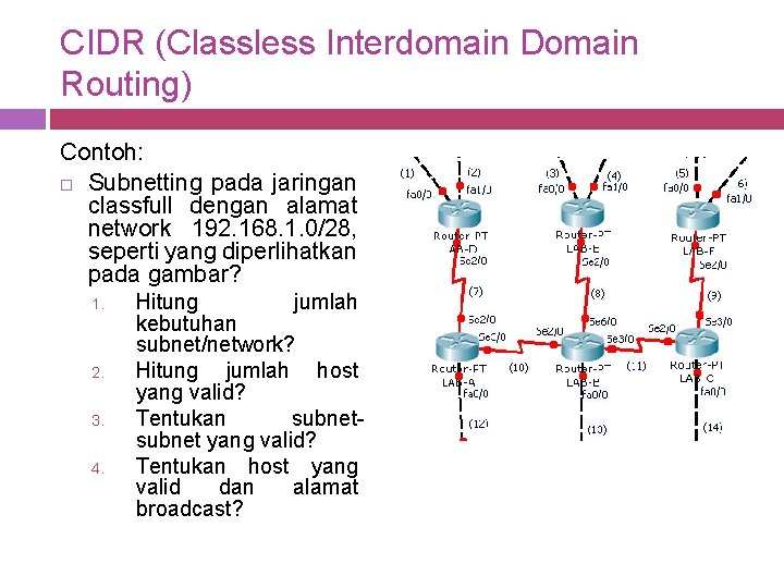 CIDR (Classless Interdomain Domain Routing) Contoh: Subnetting pada jaringan classfull dengan alamat network 192.