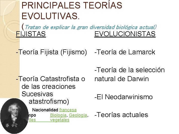 PRINCIPALES TEORÍAS EVOLUTIVAS. (Tratan de explicar la gran diversidad biológica actual) FIJISTAS EVOLUCIONISTAS -Teoría