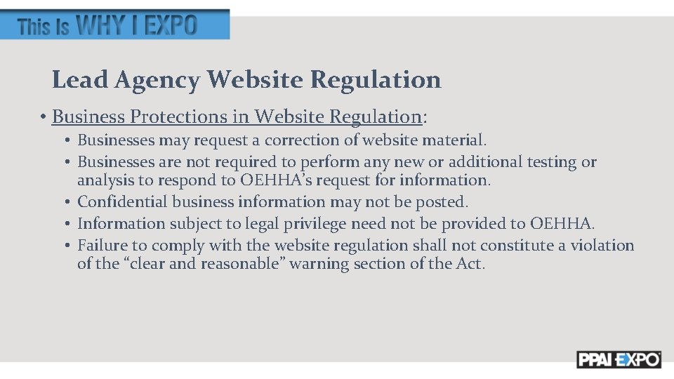 Lead Agency Website Regulation • Business Protections in Website Regulation: • Businesses may request