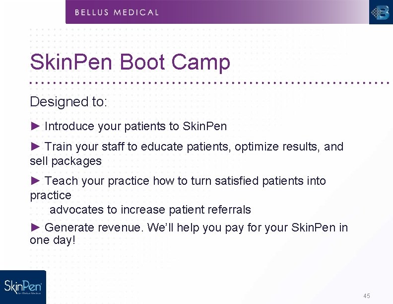 Skin. Pen Boot Camp Designed to: ► Introduce your patients to Skin. Pen ►