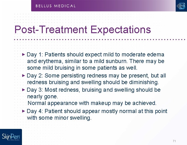 Post-Treatment Expectations ► Day 1: Patients should expect mild to moderate edema and erythema,