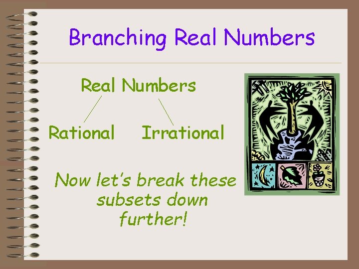 Branching Real Numbers Rational Irrational Now let’s break these subsets down further! 